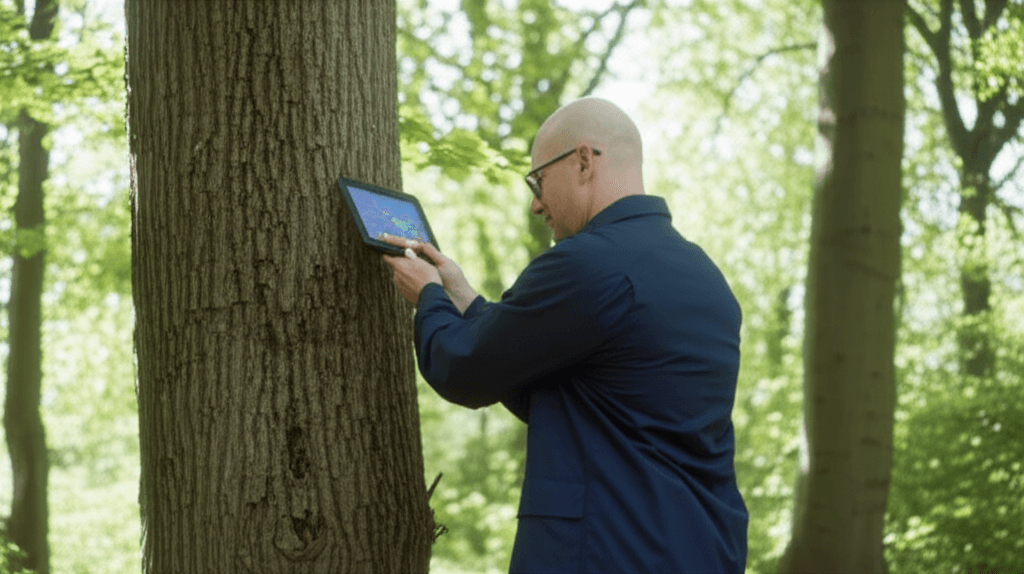 Inspector scanning QR code on tree